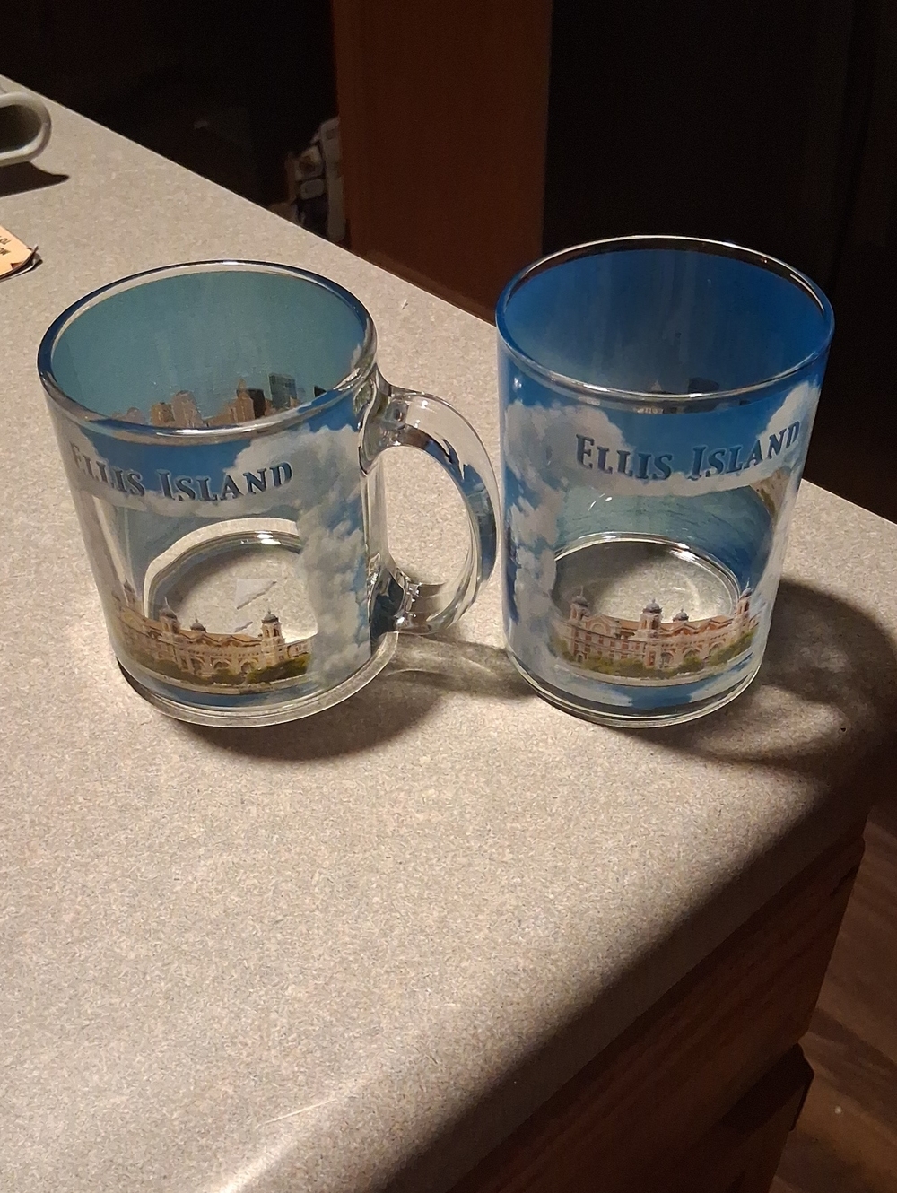 Ellis Island Blue Glass Souvenir Mugs - Set of 2